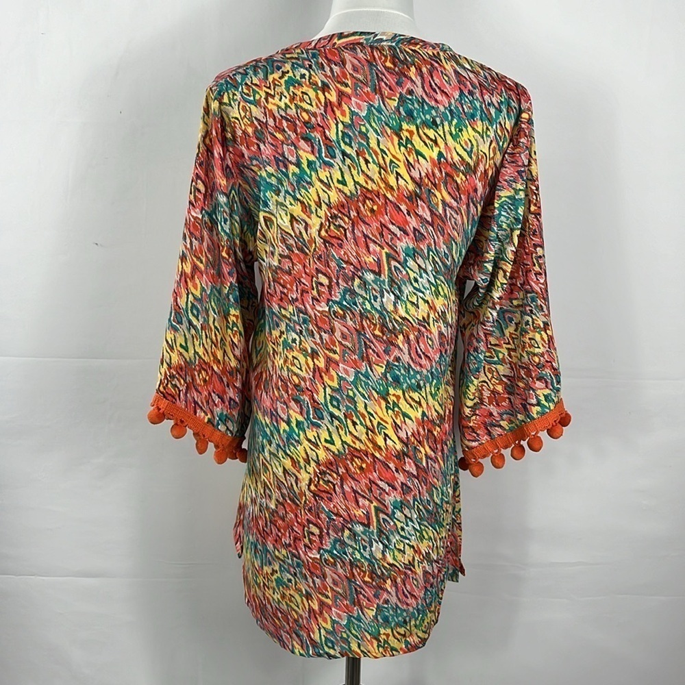 Uncle Frank Bell Sleeve Multicolor Tunic Top Dress With Pom Pom Fringe Detail S - Picture 5 of 10